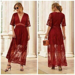 Southern Fried Chics Red Lace Maxi Dress XS NWT Romantic Boho Sheer Overlay NWT